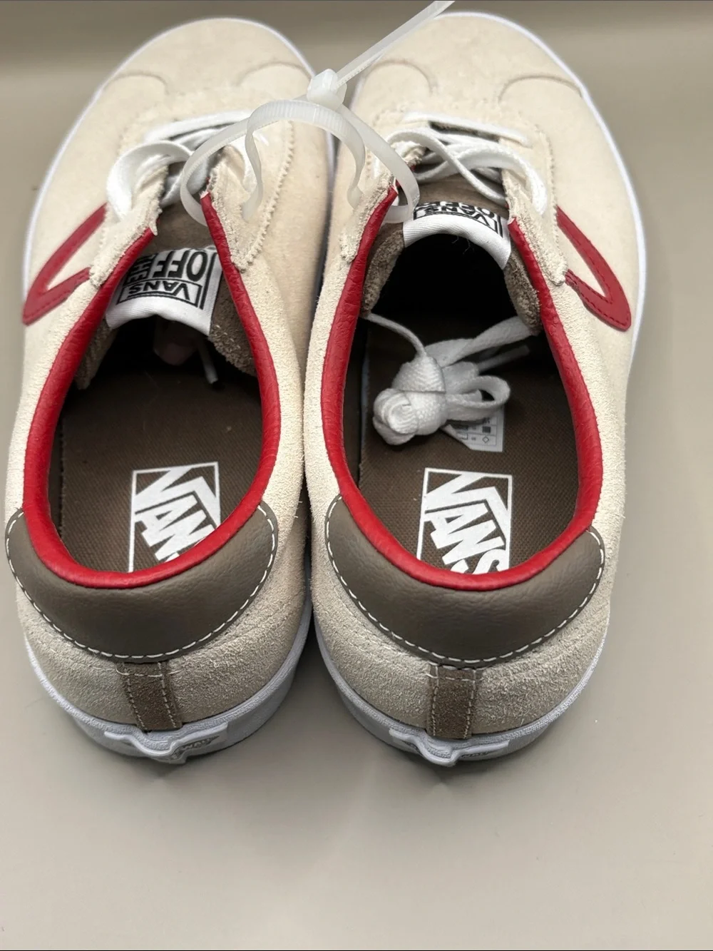 Vans Men’s Low-Top Suede Sneakers in Cream with Red Trim